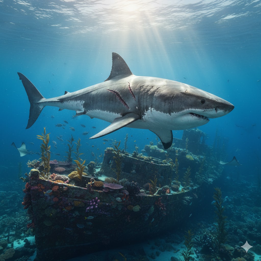 Massive old great white shark with battle scars, swimming past a shipwreck covered in coral and sea life, mysterious deep ocean setting